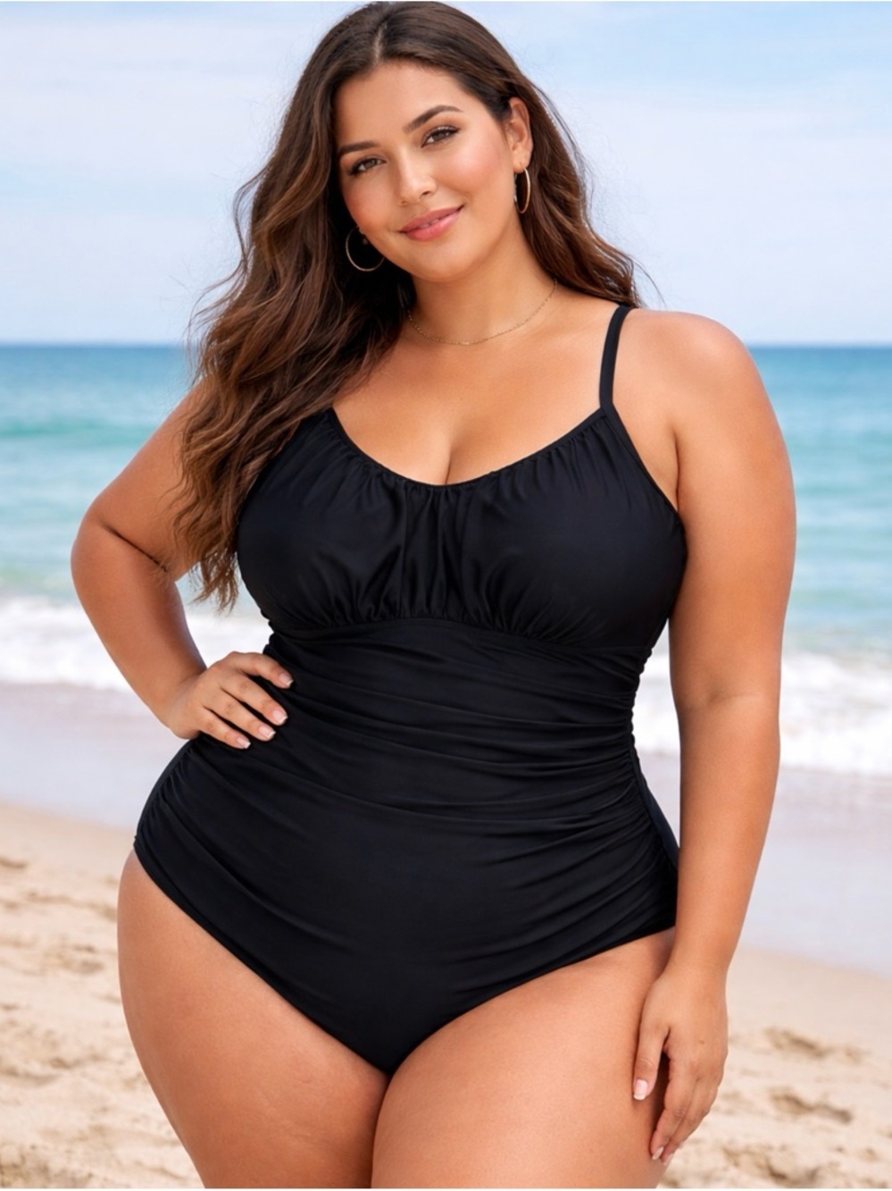 NWT Zando Plus Size XXL Black One Piece Swimsuit Ruched Tummy Control Cutout Bac